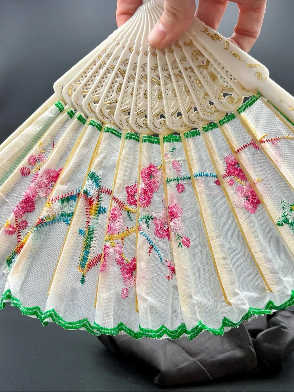 White Embroidered Folding Hand Fan with Pink Floral Design and Green Trim